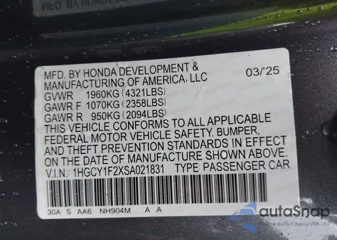 2025 Honda Accord Lx из США, поврежденный, VIN 1HGCY1F2XSA021831